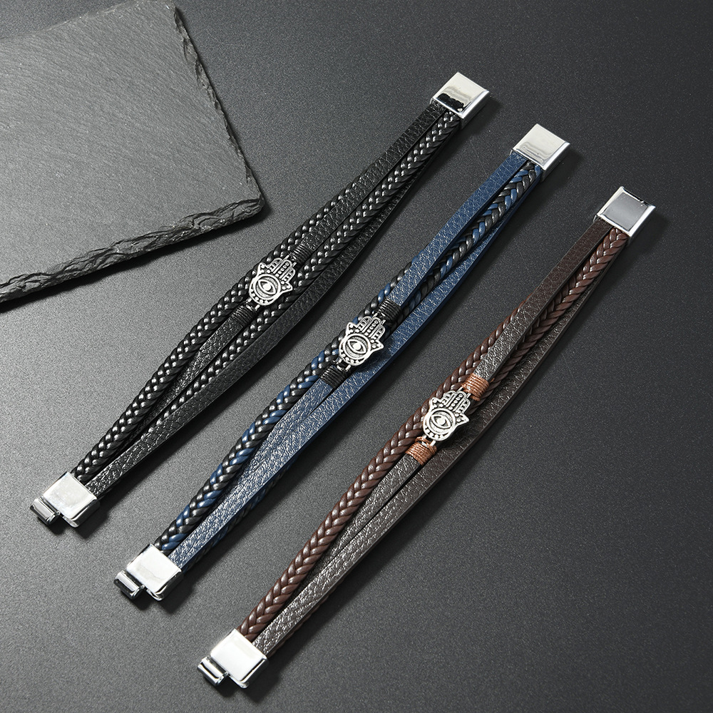 Men's Woven Leather Blue Turkish Bracelet Evil Horus Eye_voghion.com