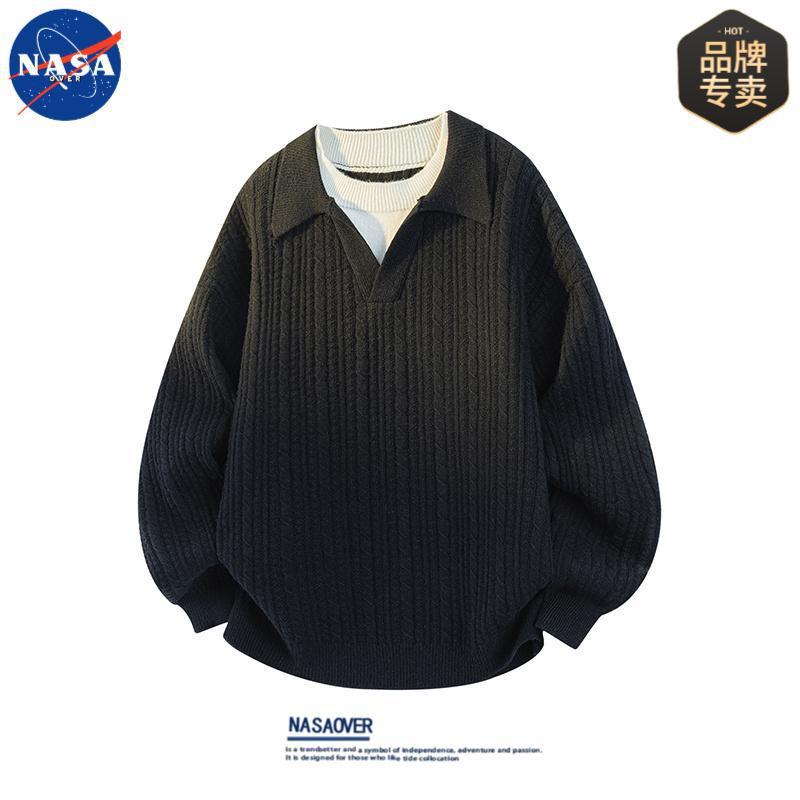 NASA品牌秋冬季高级感假两件长袖POLO毛衣男士休闲宽松纯色针织衫|undefined