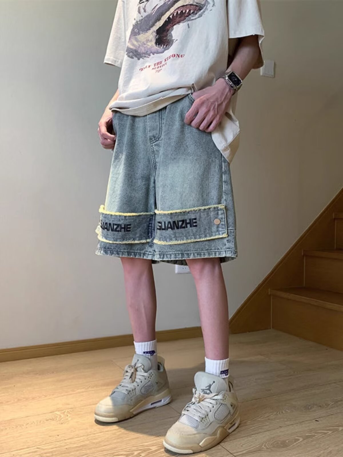 Men's Style Washed Distressed Denim Shorts Niche Design High Street Muddy Wide Leg Straight Leg Five Point Pants_mkmklike.com