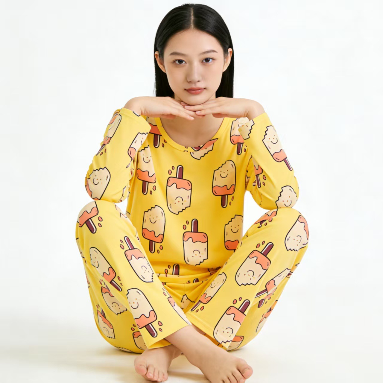 Pijamas de dibujos animados al por mayor para mujer, conjunto de pijama de primavera y otoño con cuello redondo, manga larga y pantalones largos, conjunto de ropa de estar para chicas pequeñas