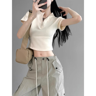 Hot Girl Slimming Look Short-Sleeved Shirt for Women 2025 Summer New Navel-Baring Yoga Wear Half-Zip Short Top