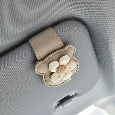 Cute Floral Car Glasses Holder Multifunctional Leather Car Sun Visor Sunglasses Card Holder (Car Glasses Clip/Bill Clip) - beige-flower