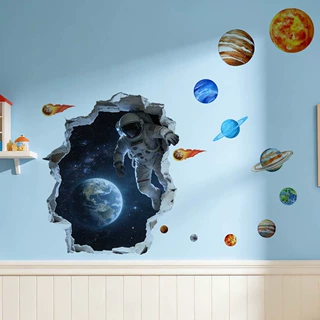 B20199多款破墙效果太空星球墙贴装饰画客厅卧室背景装饰自粘墙贴