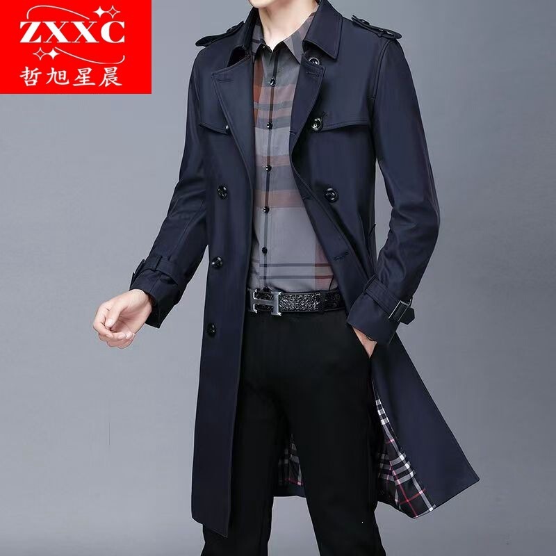 New High-End Men's Trench Coat, Extended Length, Over-The-Knee, Business Fashion, Loose Fit, British Style, Double-Breasted, Spring and Autumn Coat New High-End Men's Trench Coat, Extended Length, Over-The-Knee, Business Fashion, Loose Fit, British Style, Double-Breasted, Spring and Autumn Coat