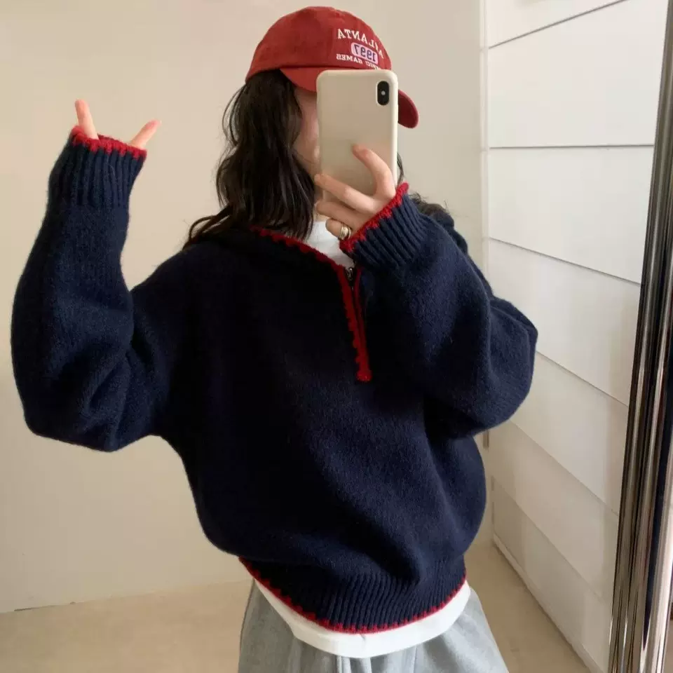 2025冬季新款宽松显瘦连帽针织毛衣撞色门襟设计大码帽子衫毛衣女