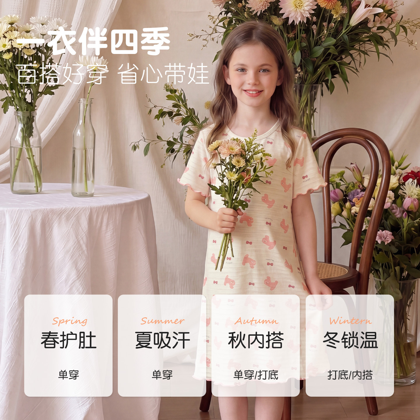 夏季新款女童竹节棉睡裙短袖家居服透气薄款儿童连衣裙韩版