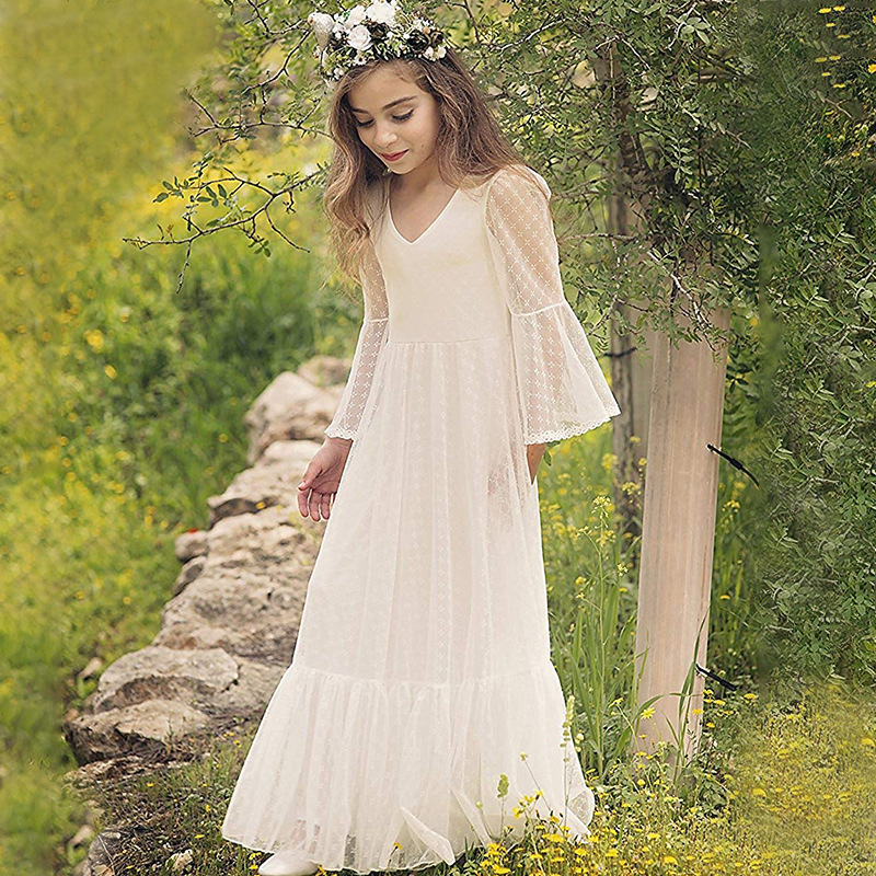Nuevo europeo y americano transfronterizo vestido de novia para niños niñas encaje manga larga Rendimiento De Cumpleaños simple vestido de princesa entrega