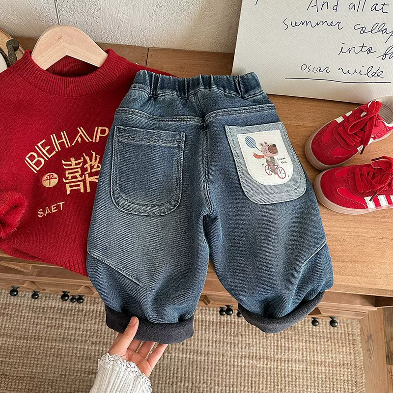 男童秋冬卡通牛仔裤2025新款男宝韩版洋气宽松牛仔裤潮儿童裤子潮