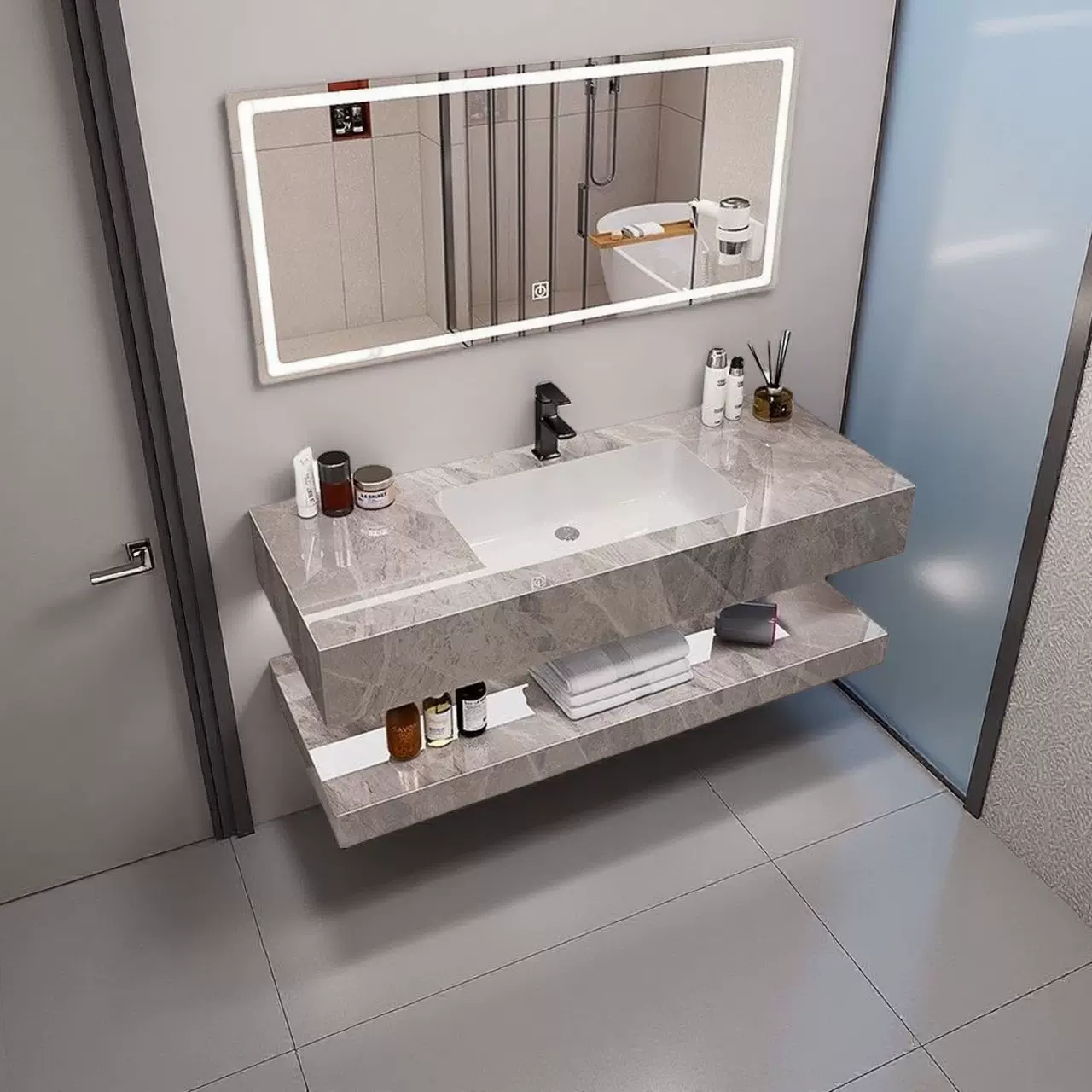 智能镜岩板浴室柜酒店别墅卫生间工程挂墙式岩板漱洗台陶瓷一体盆