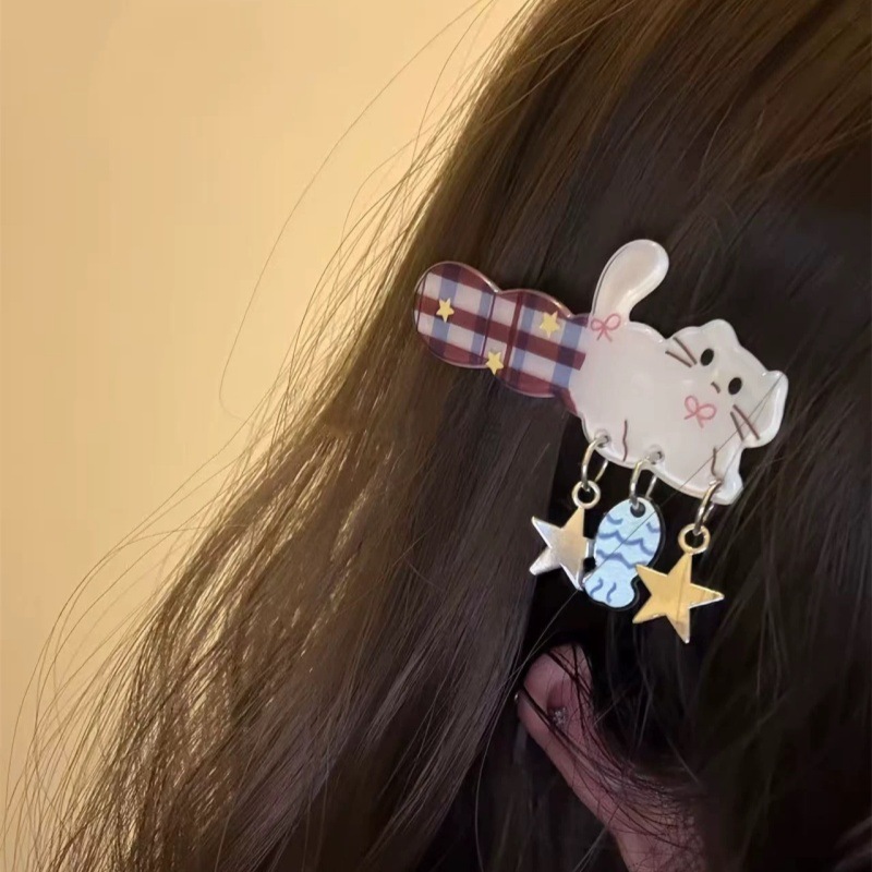 Creative, Cute and Unique Red and Blue Plaid Acrylic Cat Hairpin Blue Fish Pendant Hair Accessories Side Clip