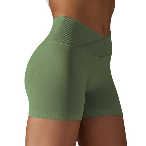European and American seamless cross waist high waist elastic running sports shorts women's tight tummy control peach butt lifting fitness pants