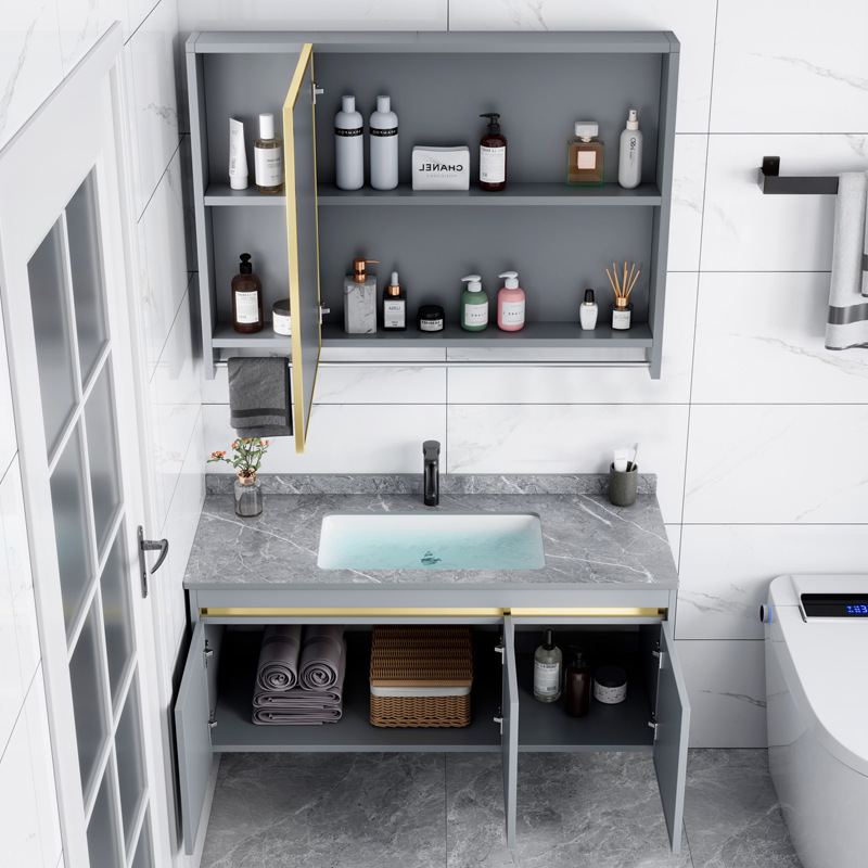 Combinación de gabinete de baño de aleación de aluminio de espacio lavabo de baño lavabo de cerámica lavabo integrado lavabo