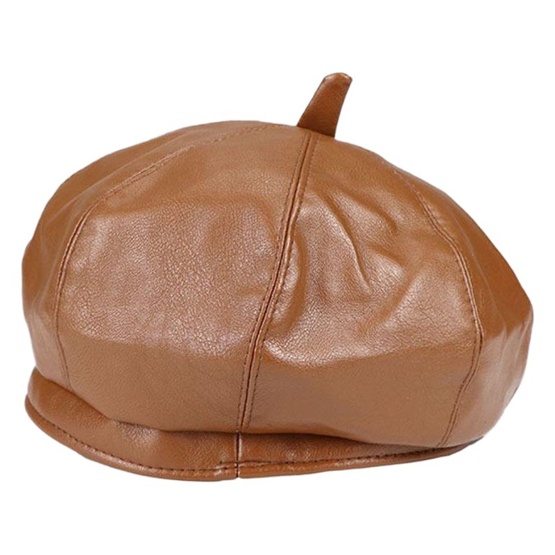 Pu boina de las mujeres de otoño e invierno versátil estilo japonés pintor calabaza sombrero negro británico retro cuero octogonal sombrero