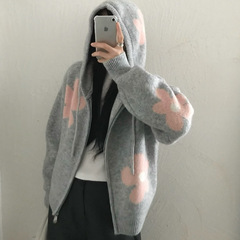 韩系花朵拉链连帽毛衣外套女秋冬外搭新款宽松慵懒风休闲针织开衫
