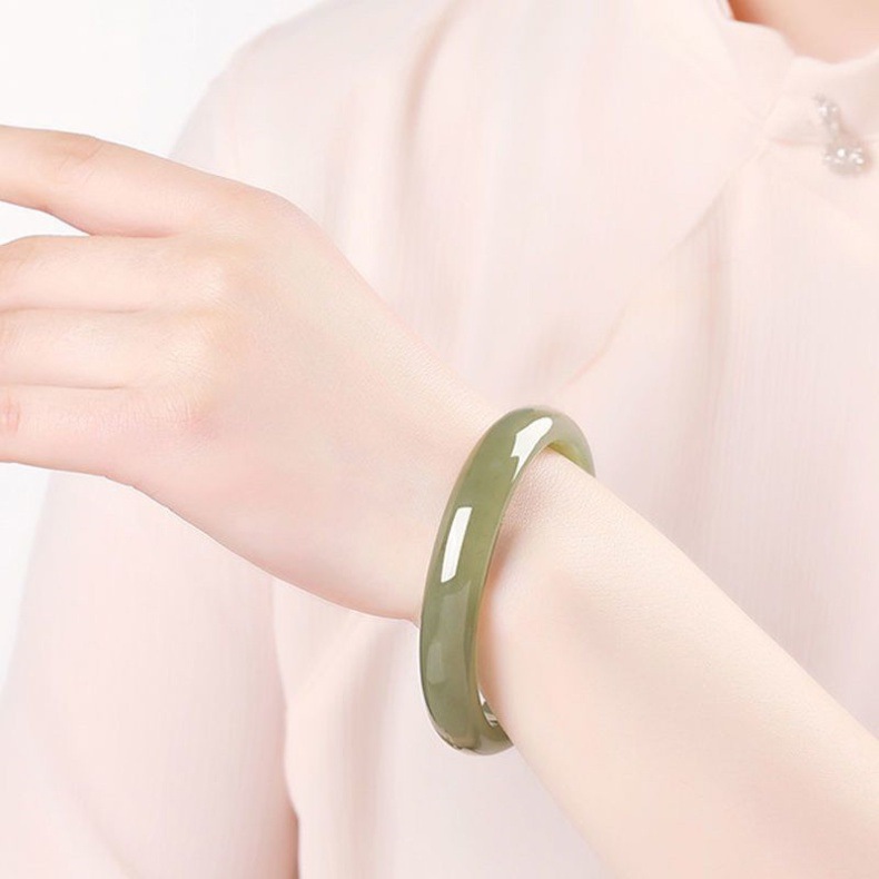 Vòng tay ngọc bích Hetian sọc trắng xanh dáng mảnh cho nữ — Ngọc Hetian mẫu thông thường khoảng 16mm chi tiết 7