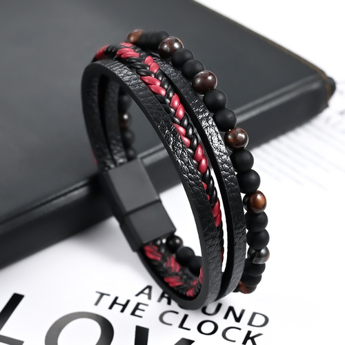 European and American Instagram-style multi-layer woven men's bracelet with natural stone and alloy, men's leather bead bracelet