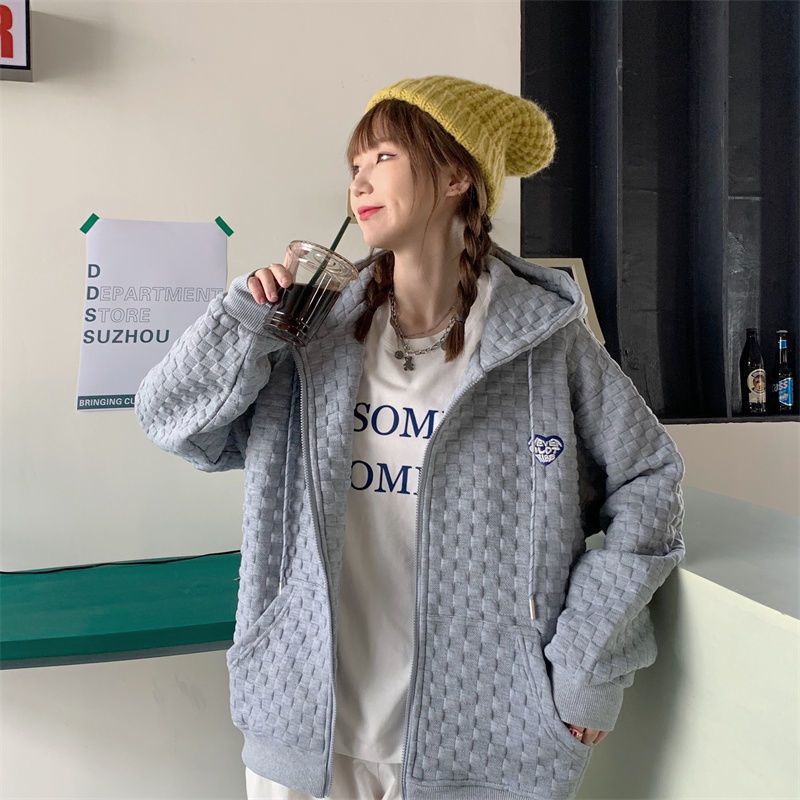 Waffle Amor super popular suéter para las mujeres ins primavera y otoño flojo Delgado BF estilo perezoso High Street zipper cardigan chaqueta