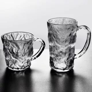 冰川纹玻璃杯马克带把手高颜值水杯男家用啤酒高级感喝水杯子茶杯
