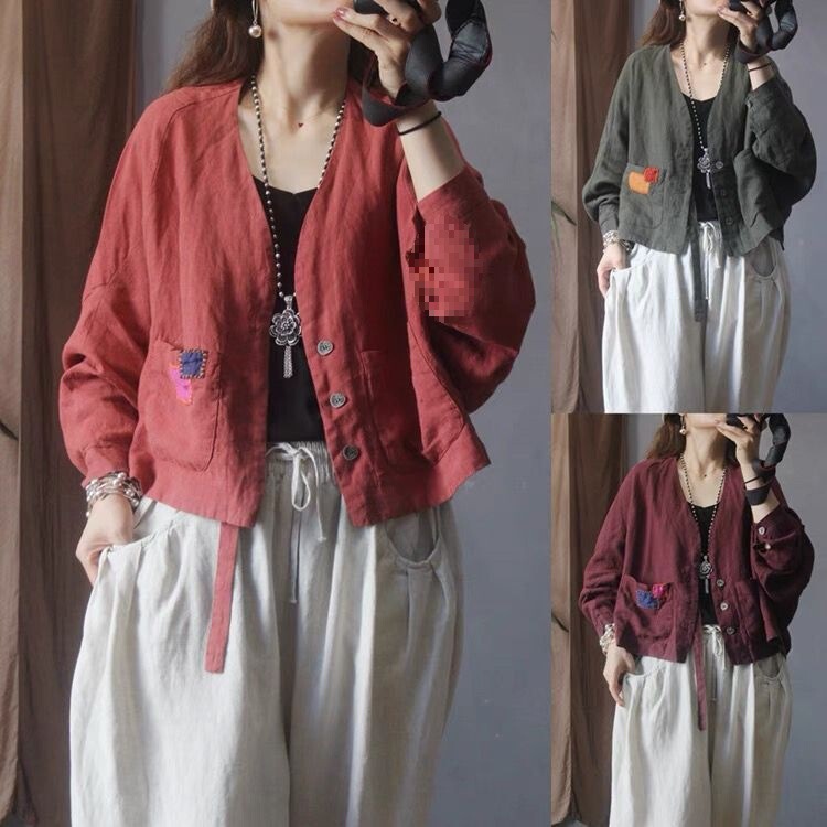 Spring and Autumn Season Loose Thin Double-Layer Retro Solid Color Three-Button Pure Linen Pocket Blouse for Women with Long Sleeves and Collar, New Model Spring and Autumn Season Loose Thin Double-Layer Retro Solid Color Three-Button Pure Linen Pocket Blouse for Women with Long Sleeves and Collar, New Model