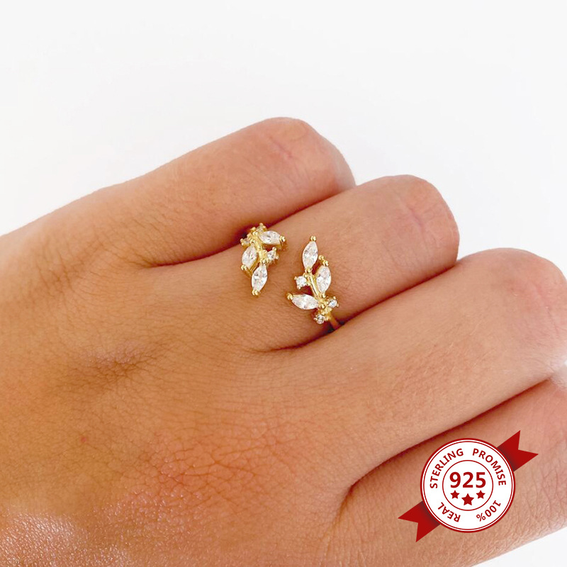 Fashion geometric diamond leaf 18k gold ring small personality open ring female