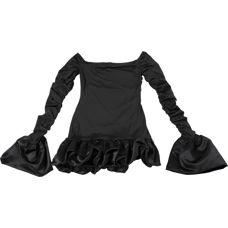 Winter Women Clothing Sweet Fresh off Neck Tube Top Puffed Sleeves Pleated Short Dress