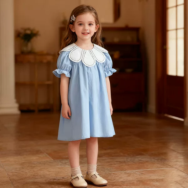 Girls Dress Summer New Children's Skirt Short-Sleeved Petal Collar Fashionable Baby Girl Dress Princess Dress