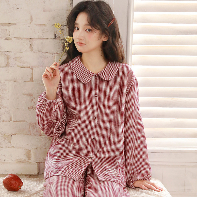 Spring New Style Pure Cotton Three-Layer Gauze Plaid Doll Collar Women's Pajamas That Can Be Worn Outside, Long-Sleeved and Long-Pants Set 75