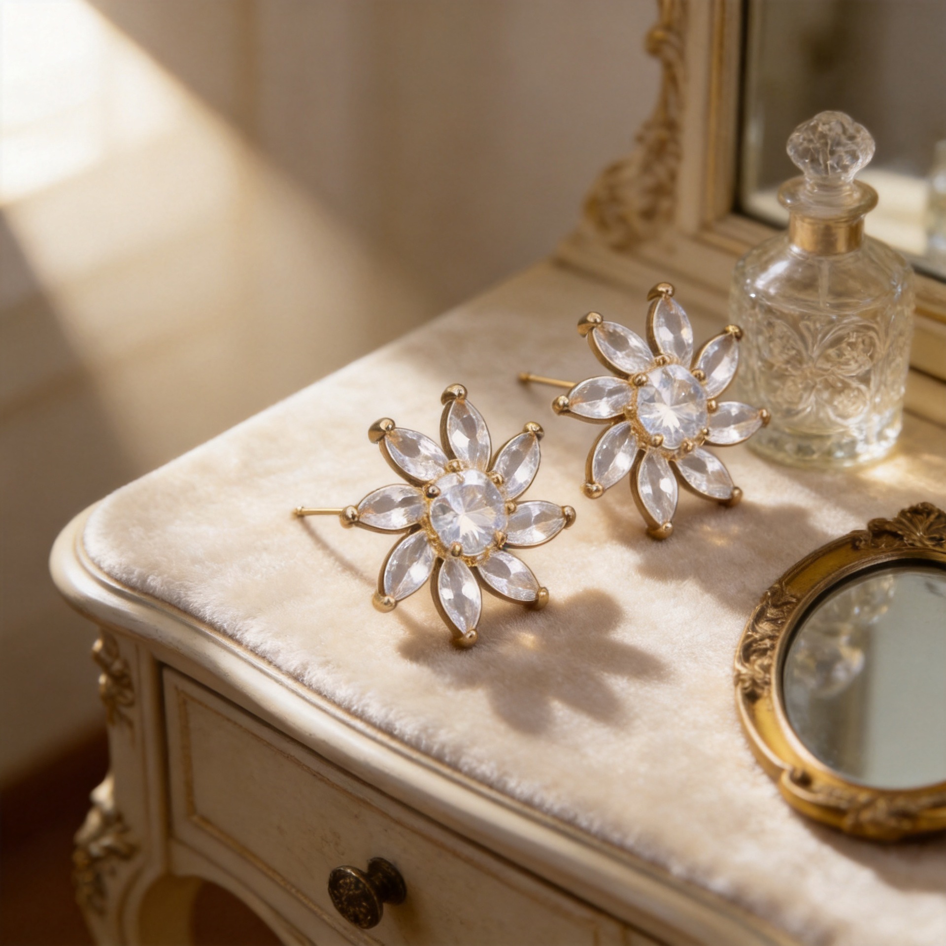 偲途 Retro copper earrings, French vintage style, flowered, light luxury style, high-quality style