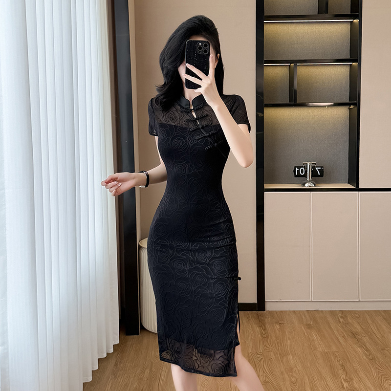 Foreign trade women's real shot sexy socialite temperament split hip dress new Chinese cheongsam black evening dress