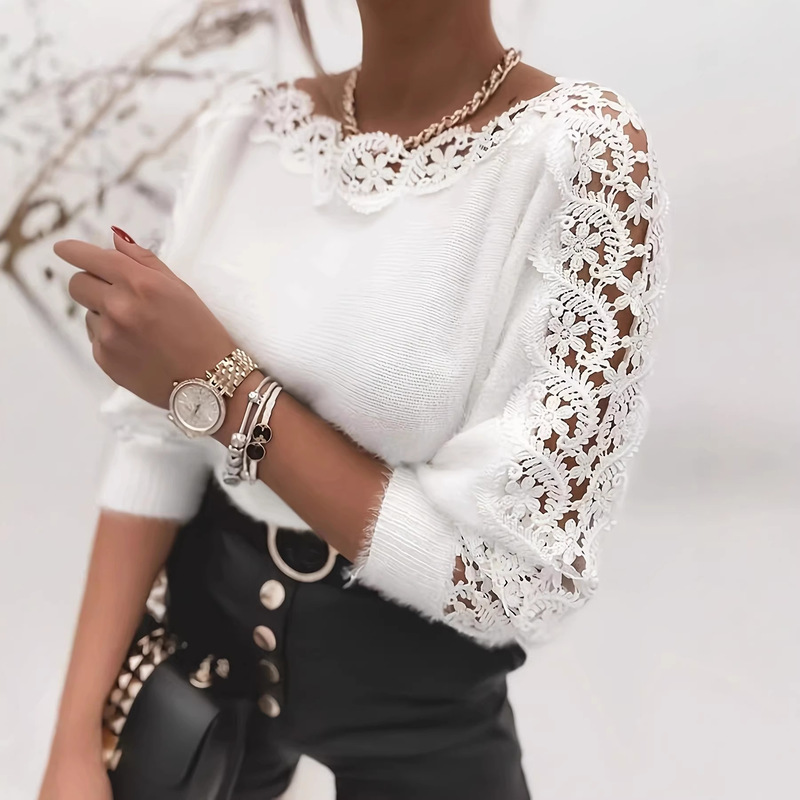 2025 New Sweater Cross-Border Hot Sale Lace Splicing Women's Sweater One-Line Collar Amazon Hot Style Factory Price Direct Sale