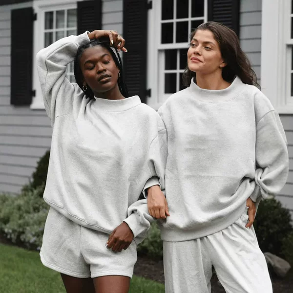 European and American Cross-Border Solid Color Half-High Collar Round Neck Sweatshirt, Large Size Loose Shoulder-Drop Top, Trendy Fashion Hoodless Sweatshirt for Women