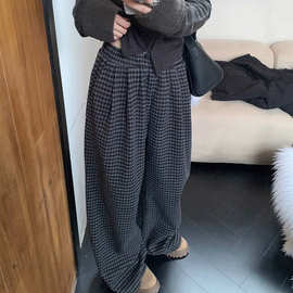 复古宽松格子休闲裤慵懒阔腿裤女秋冬季高腰毛呢直筒裤拖地裤长裤