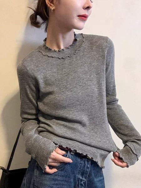 Minimalist Zero-Degree Ruffled Edge Knit Sweater for Women, 2025 Autumn and Winter New Style, Niche Women's Fashion, Loose-Fitting Base Shirt