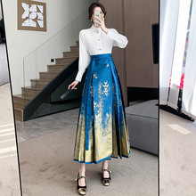 新中式国风日常通勤衬衣+一片式仿妆花蓝色马面裙两件套装裙