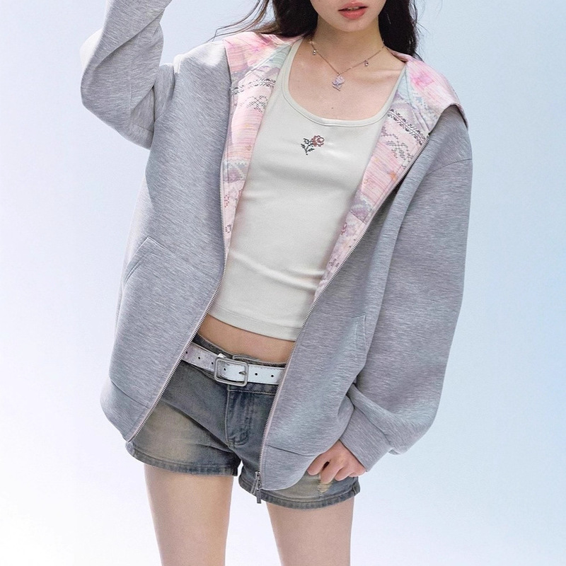 Tian Xiwei's Same Style Ablueberry Gray Hooded Sweatshirt Jacket Women's Loose Sweet Casual Jacket