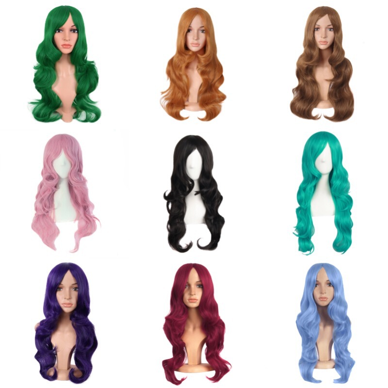Amazon cross-border wig oblique bangs wave long curls COS anime 60cm multicolor optional factory wholesale
