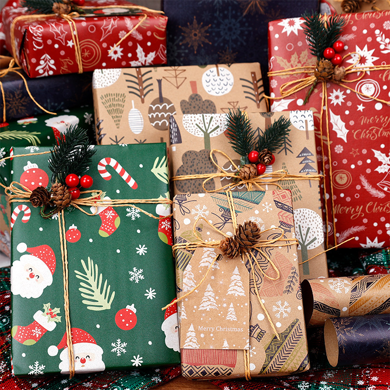 Papel de embalaje de regalos de Navidad transfronterizos Papá Noel campana flocos de nieve Papá Noel flores de embalaje de regalo