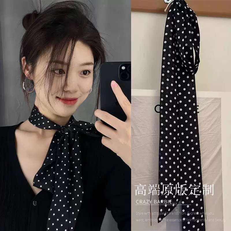 블랙 도트 스카프 한국 스타일 라이트 럭셔리 하이 엔드 작은 광장 스카프 여성 목 헤어 밴드 봄과 가을 새로운 올 매치 패션 헤어 액세서리