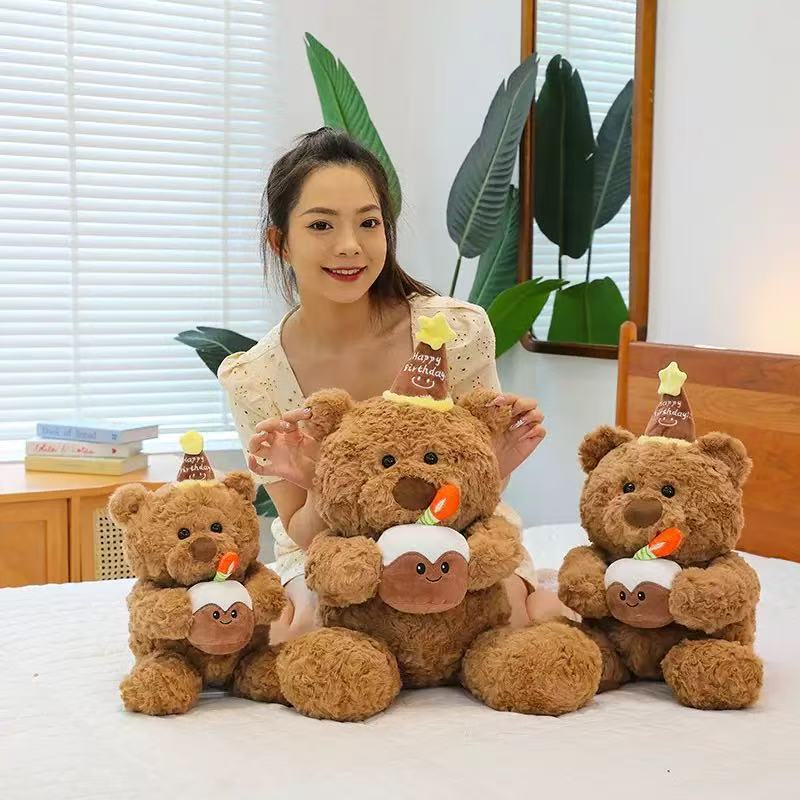 可爱蛋糕小熊毛绒玩具泰迪生日帽小熊公仔儿童生日礼物玩偶批发|undefined