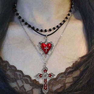 Jun'an Cross-border Gothic Retro Pearl Heart-shaped Flower Cross Pendant Necklace Set Y2K Aesthetic New Style