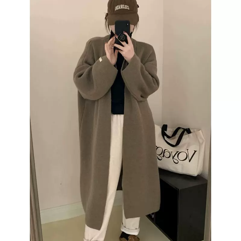 韩系秋冬女加厚长款v领袖标粉色高级感大衣外套宽松慵懒针织开衫