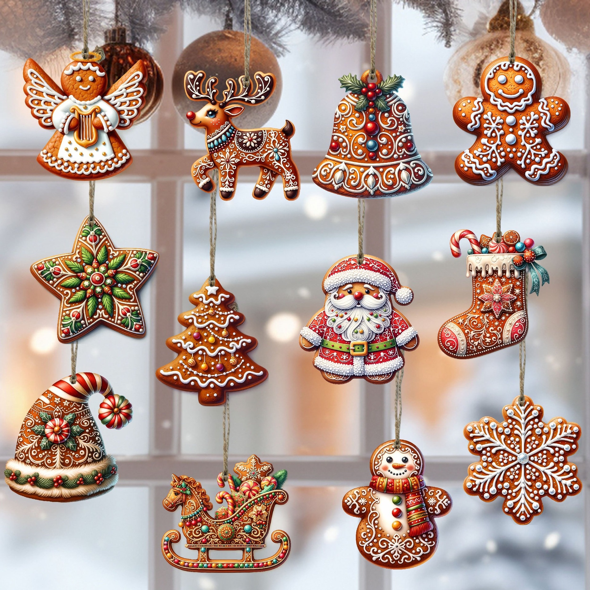 12 piezas de madera hecha a mano Navidad Colgante Set Gingerbread Man con patrón de Santa Claus adecuado para la decoración de regalos navideños