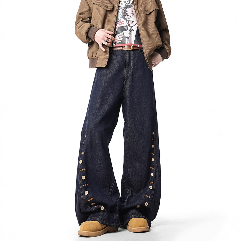 American Retro Vintage Design Button-Decorated Denim Pants for Men and Women, American Loose Wide-Leg Pants