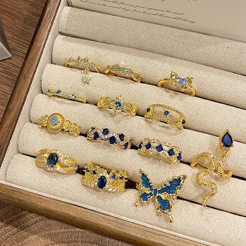 Vintage gilded micro-inlay opening ring color treasure blue zircon diamond exquisite high-end all-match light luxury ring for women