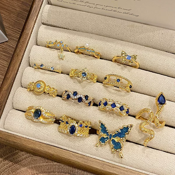 Vintage gilded micro-inlay opening ring color treasure blue zircon diamond exquisite high-end all-match light luxury ring for women