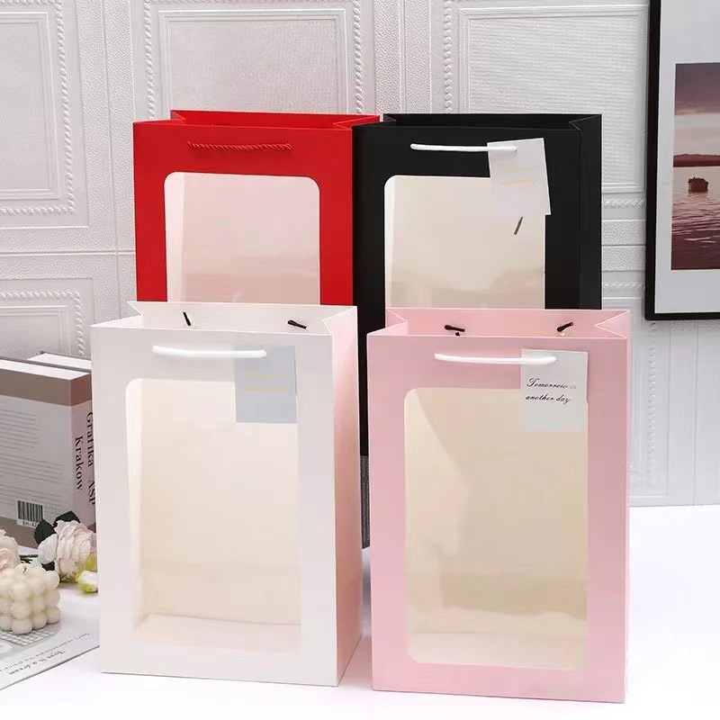 透明礼物手提袋鲜花包装方形礼盒礼品袋纸盒包装袋手提纸袋批发