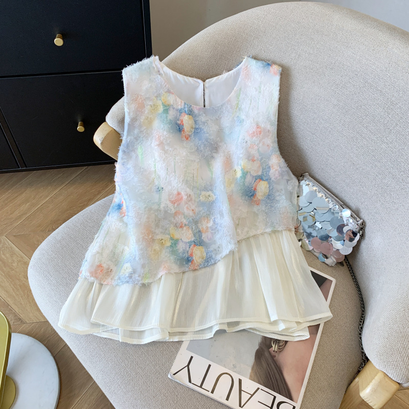 Real Stock New Stylish Versatile Embroidered Jacquard Colorful Sweet Sleeveless Women's Blouse Niche