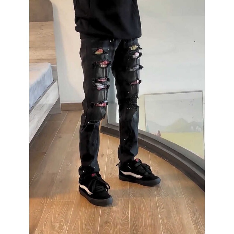 New Trendy Influencer Style Amiri Patch Rhinestone Colorful Splatter Washed Jeans Loose Versatile Straight Popular Style New Trendy Influencer Style Amiri Patch Rhinestone Colorful Splatter Washed Jeans Loose Versatile Straight Popular Style