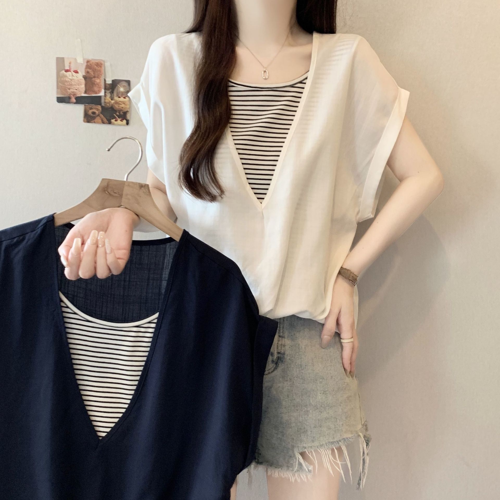 Plus-Size Design with Contrasting Color Stripes, Faux Two-Piece Short-Sleeve T-Shirt for Women, New Summer Style, Loose Fit, Slimming Top for Women
