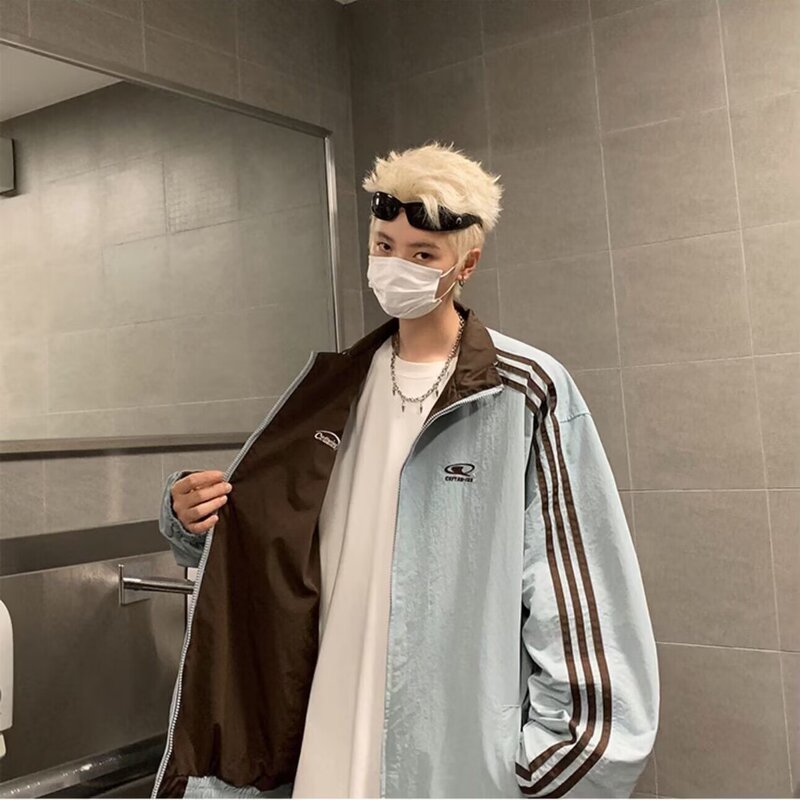 2025 New Double-Sided Contrasting Color Splicing Jacket Men's American Retro Design Sports Casual Windbreaker